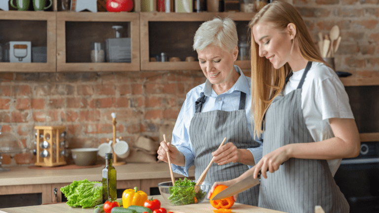 mother daughter break intermittent fast with healthy meal