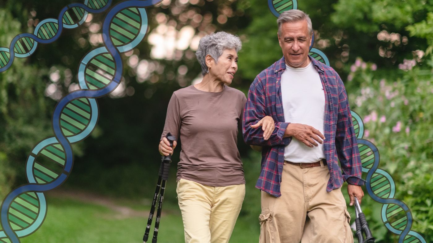 Older couple walking through nature surrounded by dna strands